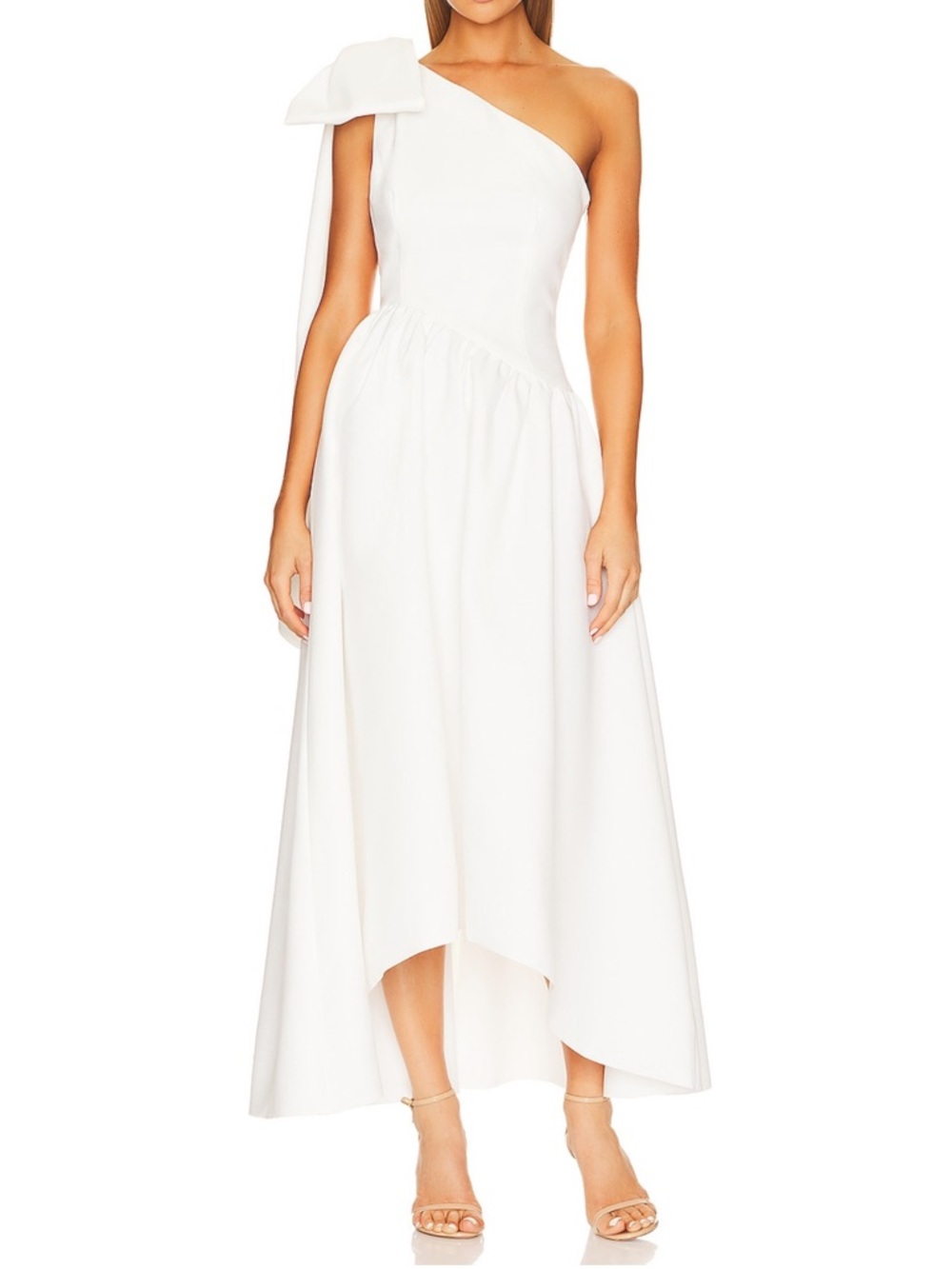 Elliatt White One-Shoulder Bow Midi Dress